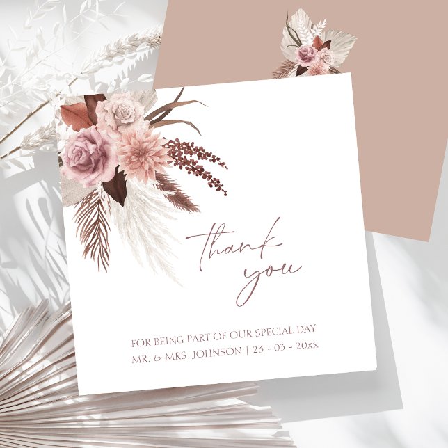 Boho Terracotta Pampas Grass Floral Wedding Thank You Card (Boho Dusty Pink Dried Flowers Pampas Grass Wedding Thank You Card)