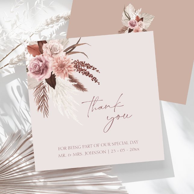 Boho Terracotta Pampas Grass Floral Wedding Thank You Card (Boho Dusty Pink Dried Flowers Pampas Grass Wedding Thank You Card)