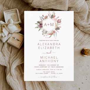 Boho Terracotta Pampas Grass Monogram Wedding Invi Invitation