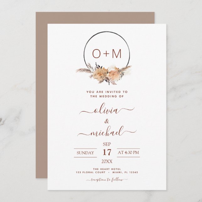 Boho Terracotta Pampas Grass Monogram Wedding Invi Invitation (Front/Back)