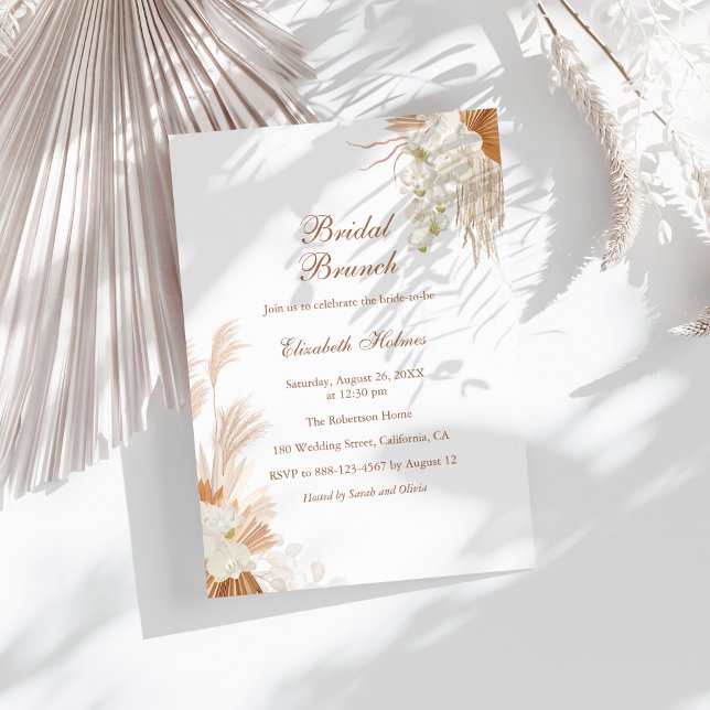 Boho Terracotta Pampas Grass Orchid Bridal Brunch Invitation (Boho Terracotta Pampas Grass Orchid Bridal Brunch Invitation on a sunny  boho white table.)
