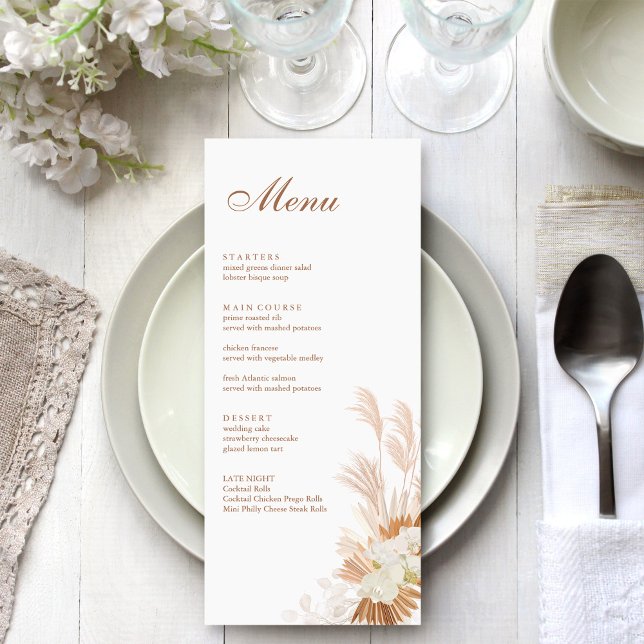Boho Terracotta Pampas Grass Orchid Menu Card (Boho Terracotta Pampas Grass Orchid Menu Card on a boho white wedding dinner table.)