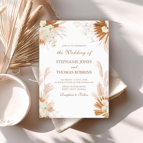 Boho Terracotta Pampas Grass Orchid Wedding Invitation