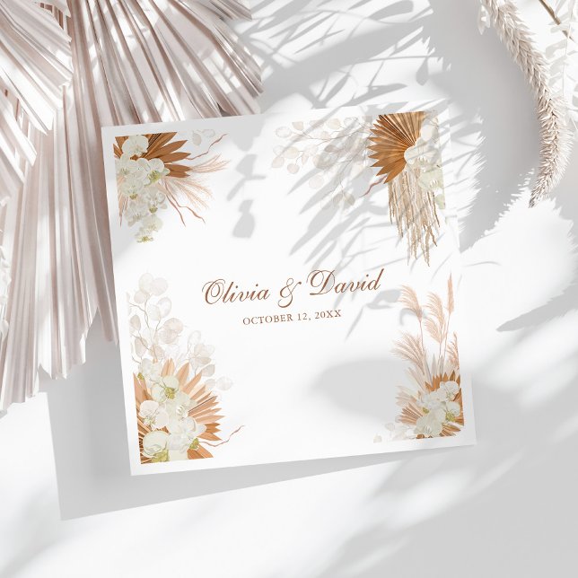 Boho Terracotta Pampas Grass Orchid Wedding Paper Dinner Napkins (Boho Terracotta Pampas Grass Orchid Wedding Paper Dinner Napkins on a sunny white table.)