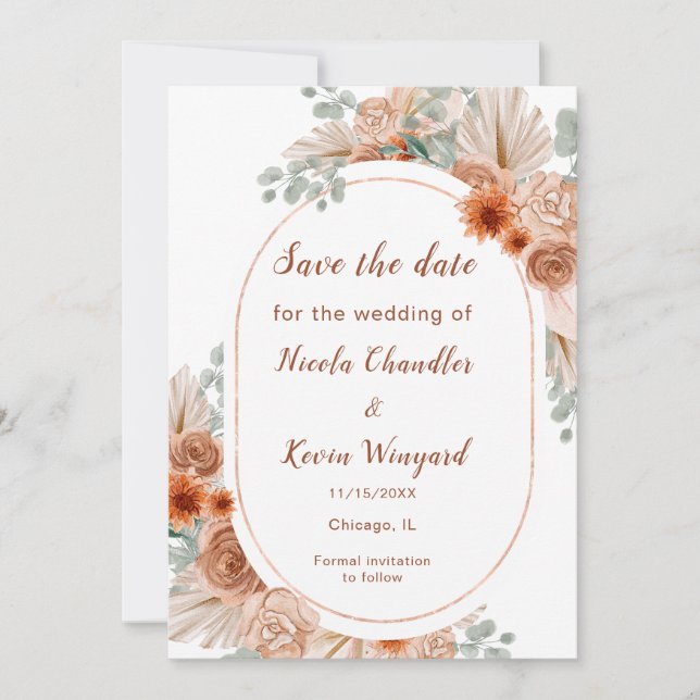 Boho Terracotta Pampas Grass Save the Date (Front)