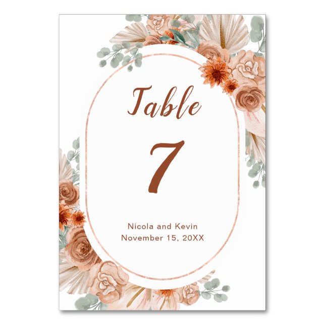 Boho Terracotta Pampas Grass  Table Number (Front)