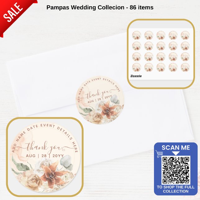 Boho Terracotta Pampas Grass Thank You Favor Class Classic Round Sticker (Creator Uploaded)