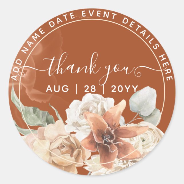 Boho Terracotta Pampas Grass Thank You Favor Classic Round Sticker (Front)