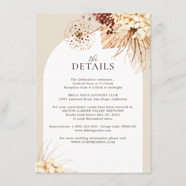 Boho Terracotta Pampas Grass Wedding Detail Cards (Front)