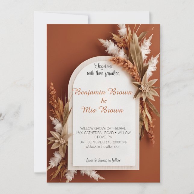 Boho Terracotta Pampas Grass Wedding Invitation (Front)