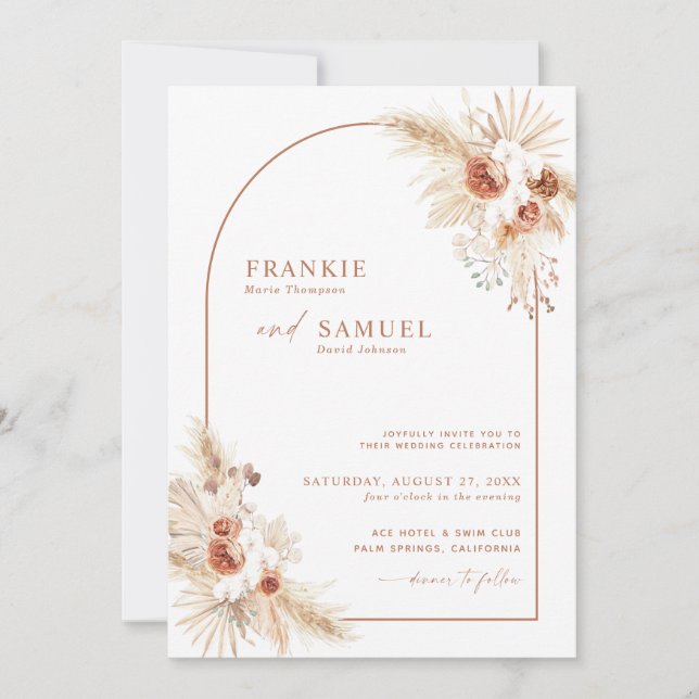 Boho Terracotta Pampas Grass Wedding Invitation (Front)