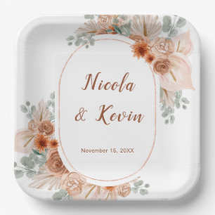 Boho Terracotta Pampas Grass wedding Paper Plates