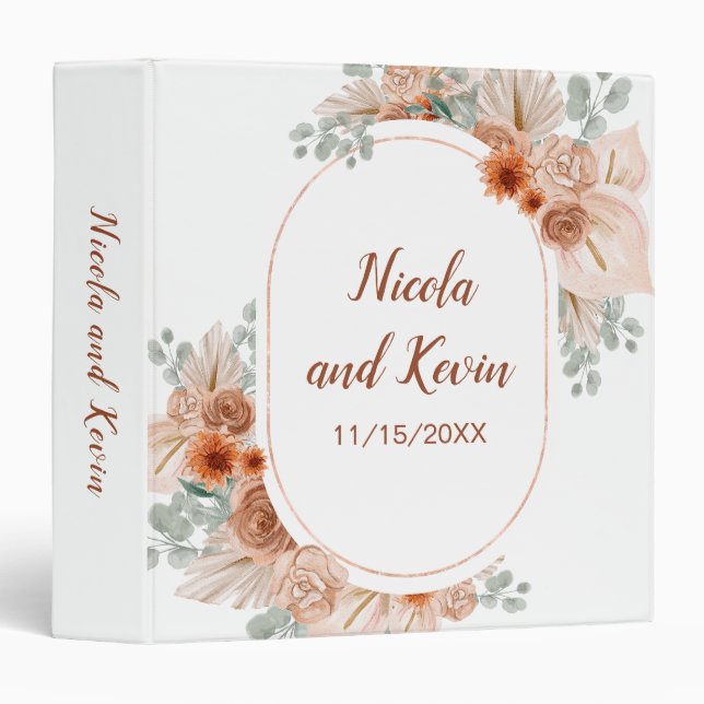 Boho Terracotta Pampas Grass Wedding Photo Album 3 Ring Binder (Front/Spine)