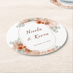 Boho Terracotta Pampas Grass Wedding Round Paper Coaster
