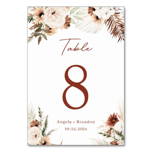 Boho Terracotta Pampas Grass Wedding Table Number