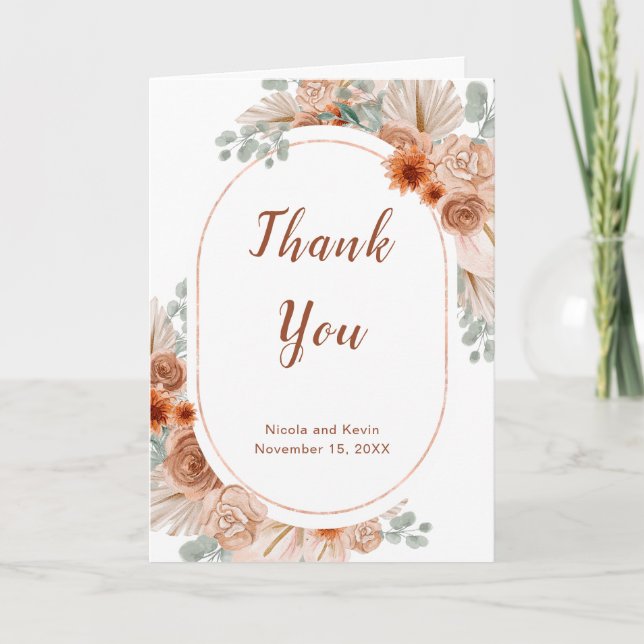Boho Terracotta Pampas Grass Wedding Thank You Card (Front)