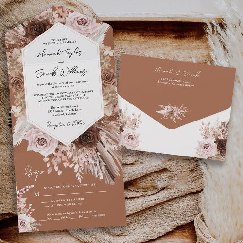 Boho Terracotta Pampas Grass with RSVP Wedding All In One Invitation