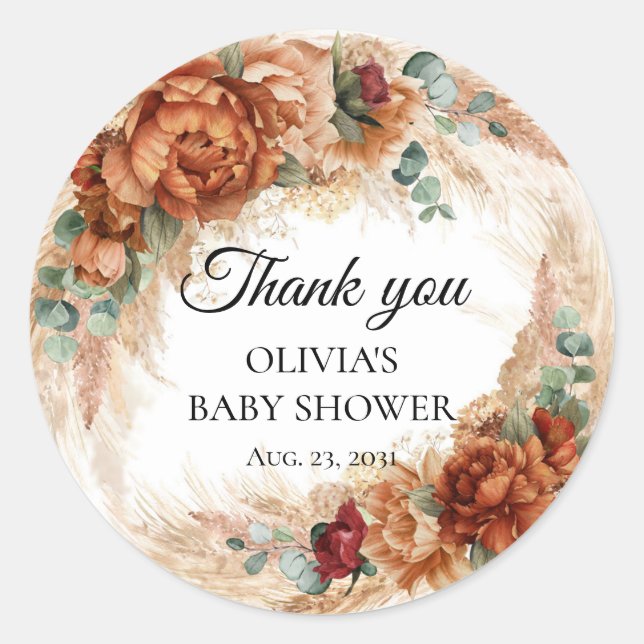 Boho terracotta pampas greenery thank you baby classic round sticker (Front)