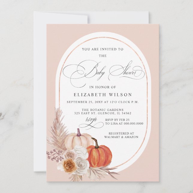 Boho Terracotta Pampas Pumpkins Fall Baby Shower Invitation (Front)