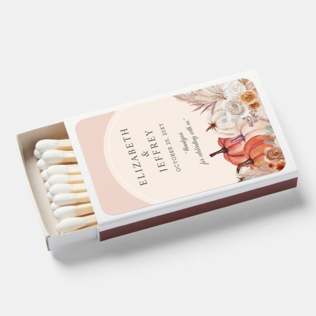 Boho Terracotta Pampas Pumpkins Fall Wedding Matchboxes (Front Open)