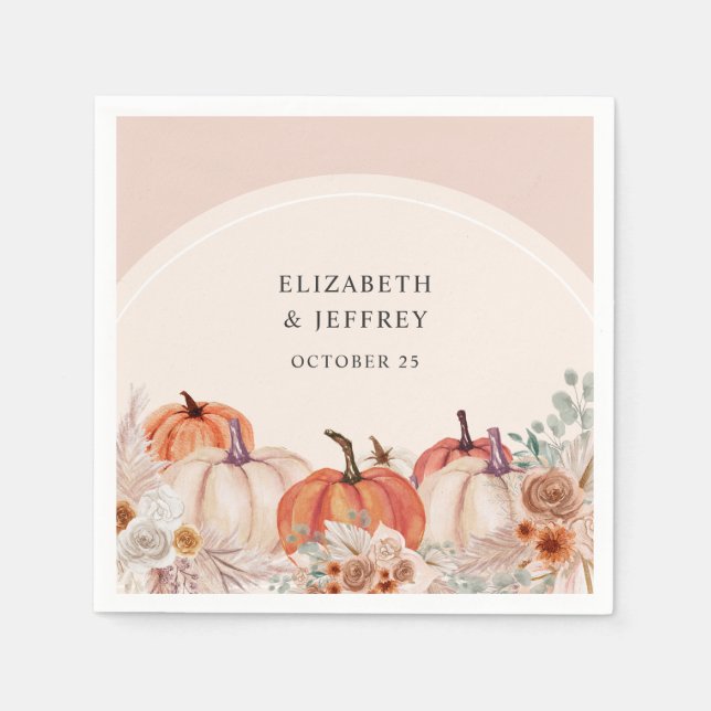 Boho Terracotta Pampas Pumpkins Fall Wedding Napkins (Front)