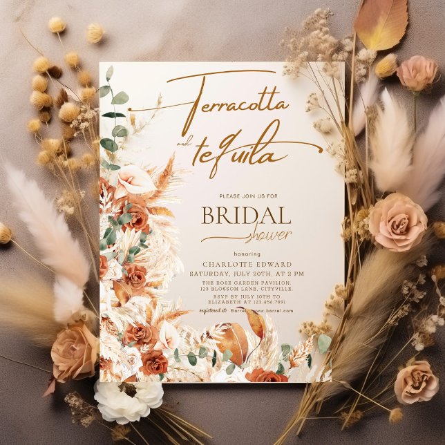 Boho Terracotta Pampas & Tequila Bridal Shower Invitation (Creator Uploaded)
