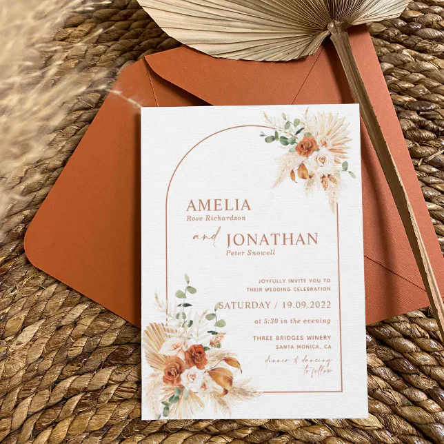 Boho Terracotta Pampas Wedding Invitation | Zazzle