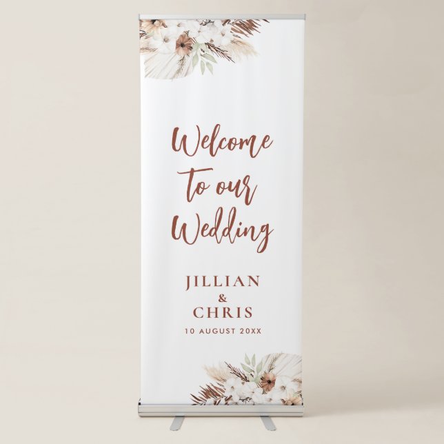 boho terracotta pampas wedding retractable banner (Front)