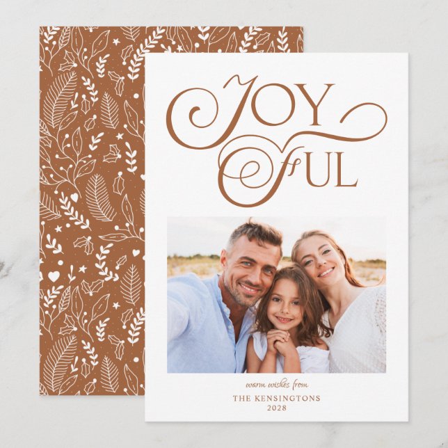 Boho Terracotta Pattern Joyful Christmas Photo Holiday Card (Front/Back)