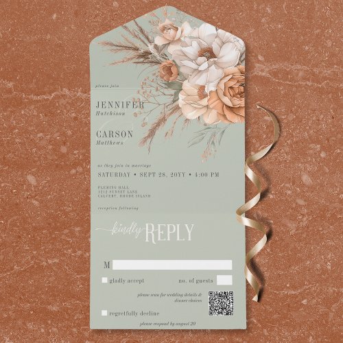 Boho Terracotta Peach  Cream Floral Green QR Code All In One Invitation