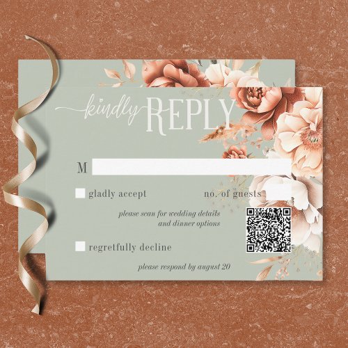 Boho Terracotta Peach Cream Floral Green QR Code RSVP Card