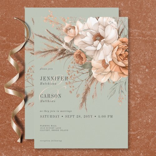 Boho Terracotta Peach  Cream Floral Green Wedding Invitation