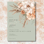 Boho Terracotta Peach & Cream Floral Green Wedding Invitation<br><div class="desc">Set the tone for your special day with our enchanting boho rustic wedding invitation. Featuring a soft sage green background, this design is adorned with a stunning spray of watercolor flowers and dried grasses. Delicate hues of peach blush, cream, and light sage green foliage, intertwined with light beige dried grasses,...</div>