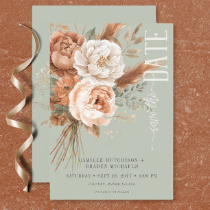 Boho Terracotta Peach & Cream Floral Green Wedding Save The Date