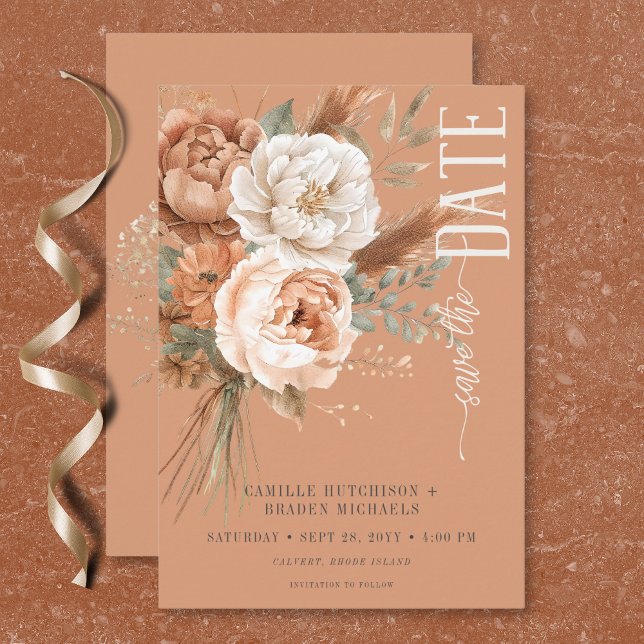 Boho Terracotta Peach & Cream Floral Wedding Save The Date (Boho Terracotta Peach & Cream Floral Wedding Save The Date)
