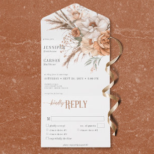 Boho Terracotta Peach & Cream Floral White Dinner All In One Invitation