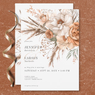 Boho Terracotta Peach & Cream Floral White Wedding Invitation