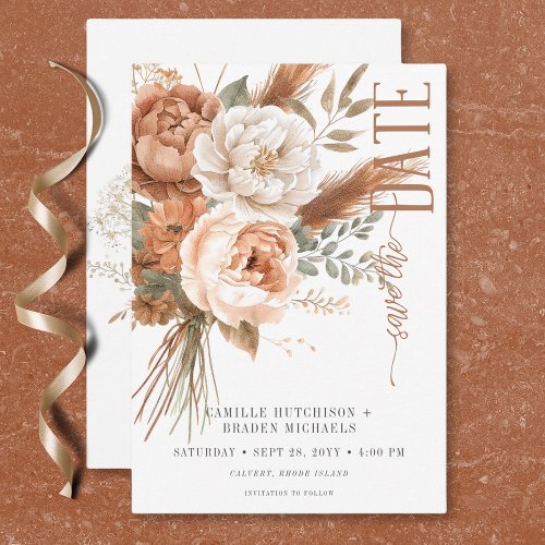 Boho Terracotta Peach  Cream Floral White Wedding Save The Date