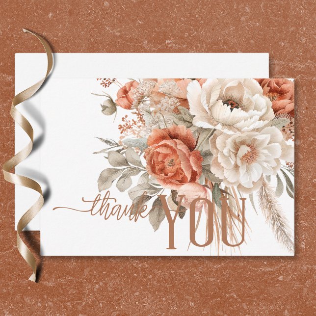 Boho Terracotta Peach & Cream Floral White Wedding Thank You Card (Boho Terracotta Peach & Cream Floral White Wedding Thank You Card)