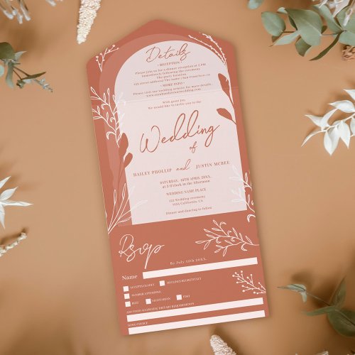 Boho terracotta photo floral rustic arch wedding all in one invitation