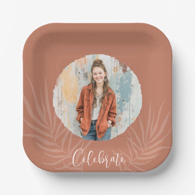Boho Terracotta Photo Graduation Paper Plates (Front)
