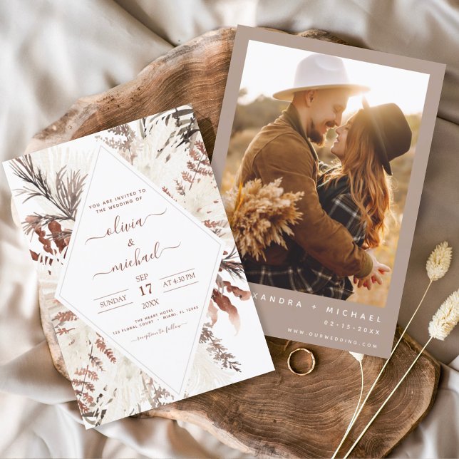 Boho Terracotta Photo Pampas Grass Wedding Invitation (Creator Uploaded)