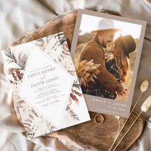 Boho Terracotta Photo Pampas Grass Wedding Invitation