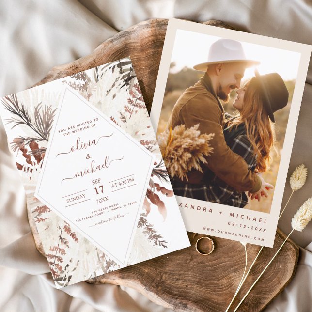 Boho Terracotta Photo Pampas Grass Wedding Invitation (Creator Uploaded)