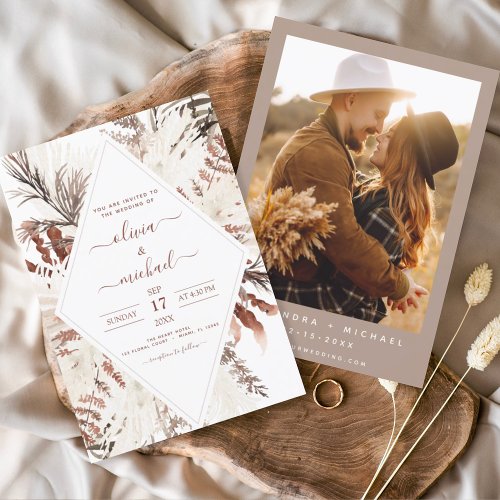 Boho Terracotta Photo Pampas Grass Wedding Invitation