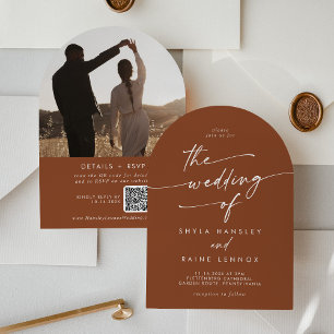 Boho Terracotta Photo QR Code Arch Wedding Invitation