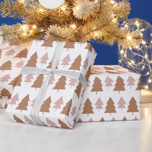 Boho Terracotta Pink White Christmas Trees Holiday Wrapping Paper (Holidays)