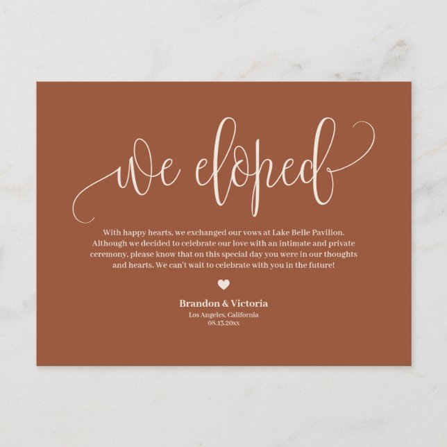 Boho Terracotta Pretty Script Wedding Elopement Announcement Postcard (Front)