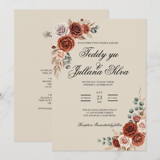 Boho terracotta qr code 2 in 1 wedding invitation (Front/Back)