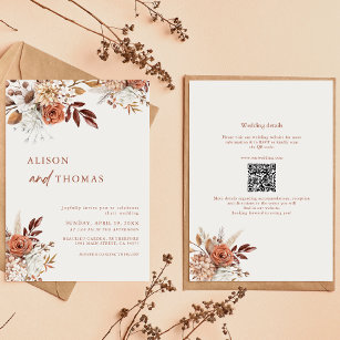 Neutral Earthy Taupe Floral Wood QR Code Wedding Invitation